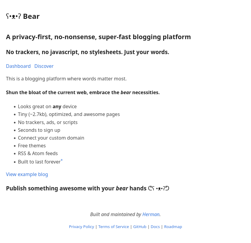 Bear Blog main page